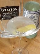 Closeup photo of the clear cocktail in a martini glass
